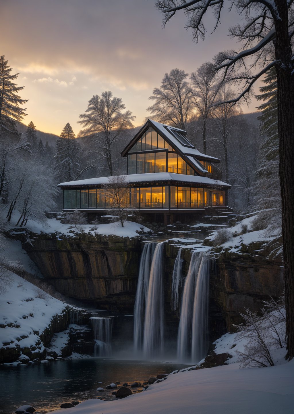 00243-995112388-((best quality)),((masterpiece)),((realistic)),winter,snowtree,snow,waterfall,lake,river,oldbridge,glasshouse in lighting,modern.jpg